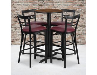 24" Round Walnut Laminate Table with X-Base & 4 Metal Vinyl Seat Barstools