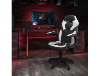 Desk Bundle - Red Gaming Desk, Cup Holder, Headphone Hook and White Chair