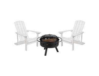 3pc Charlestown Adirondack Chair & Fire Pit Set: White