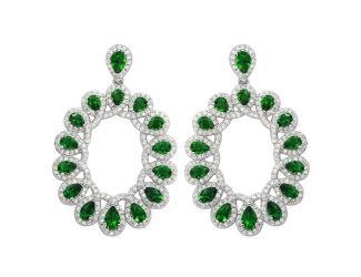 PARIKHS Rhodium Plated Open Oval Green and Clear CZ Hanging Earring in 925 Sterling Silver