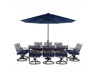 Montclair 11-Piece Dining Set in Navy Blue with 10 Swivel Rockers, 60-In. x 84-In. Table, 11-Ft. Umb