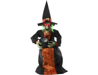 Animatronic Sitting Talking Witch with Moving Mouth and Light-Up Mini Cauldron for Halloween Decorat