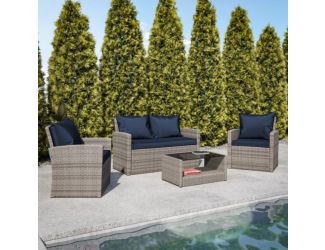 4 PC Lt Gray Patio Set with Navy Back Pillows & Seat Cushions - Outdoor Seating