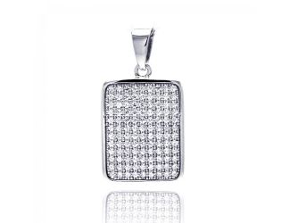 PARIKHS Rhodium Plated Rectangle Micro Pave CZ Dangling Pendant with Chain in 925 Sterling Silver