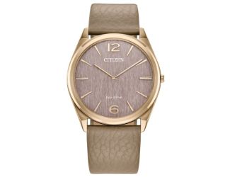 Unisex Classic Eco-Drive Beige Leather Strap Watch Pink Dial