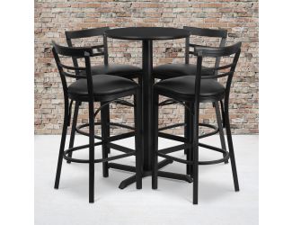 24" Round Black Laminate Table with X-Base & 4 Metal Vinyl Seat Barstools