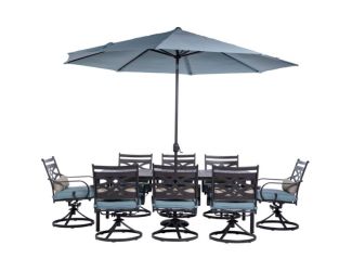 Montclair 9-Piece Dining Set in Ocean Blue with 8 Swivel Rockers, 42-In. x 84-In. Table, 11 Ft. Umbr