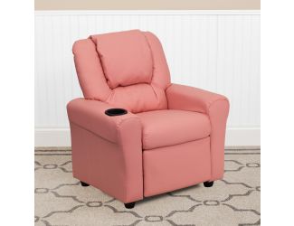 Contemporary Pink Vinyl Kids Recliner with Cup Holder and Headrest