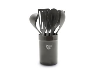 7pc Nylon Cooking Utensils w/ Ceramic Crock Charcoal Gray