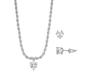 Heart Pendant with CZ Heart and Stud Earrings Set - Silver