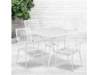 35.5" Square White Indoor-Outdoor Steel Patio Table Set w/ 4 Square Back Chairs