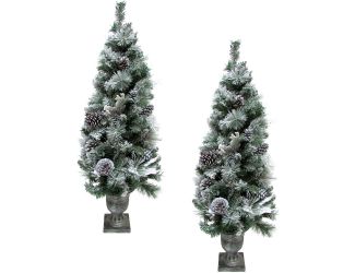 4-Ft. Christmas Snow Flocked Porch Trees with Oversized Pinecones, Set of 2