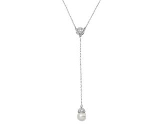 PARIKHS Rhodium Plated CZ Drop Synthetic Pearl Necklace in 925 Sterling Silver