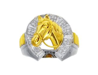 PARIKHS Men's Two Toned CZ Horse Shoe Gold Horse Ring in 925 Sterling Silver - Size-11