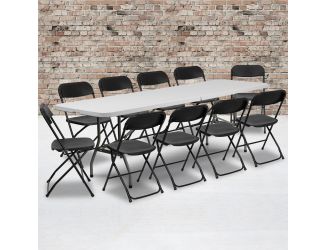8' Bi-Fold White Plastic Event/Training Folding Table Set w/ 10 Folding Chairs