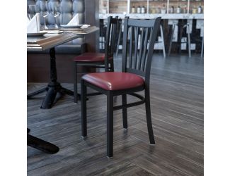 Black Vertical Back Metal Restaurant Chair - Burgundy Vinyl Seat