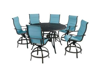 Traditions 7-Piece High-Dining Set in Blue with 6 Padded Swivel Counter-Height Chairs and 56-in. Cas