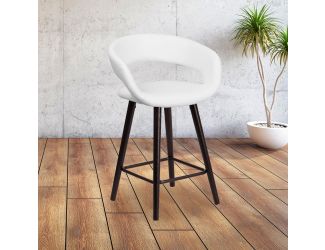 24" High Cappuccino Wood Rounded Open Back Counter Height Stool in White Vinyl