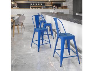 24" High Blue Metal Indoor-Outdoor Counter Height Stool with Back