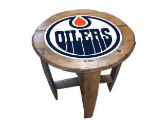 Edmonton Oilers Oak Barrel Table