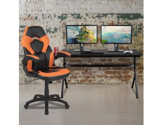 Black/Orange Gaming Desk Bundle - Cup & Headphone Holders/Mouse Pad Top