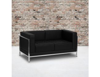 Black LeatherSoft Modular Loveseat w/Quilted Tufted Seat &Encasing Frame