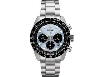 Seiko Prospex SS Solar Chronograph Silver/Blue Dial, Black bezel, SS bracelet