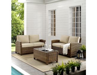 Bradenton 3 Piece Outdoor Loveseat Wicker Seating Set With Sand Cushions