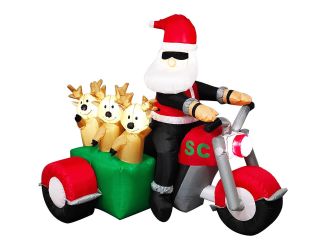 6-Ft. Tall Prelit Santa on Motorcycle with Reindeer Sidecar Inflatable