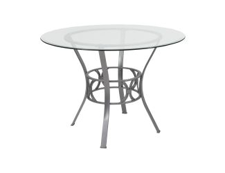 42" Round Glass Dining Table with Crescent Style Silver Metal Frame