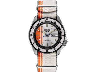 Seiko 5 Sports SS Automatic Orange/Silver Dial, Racing Inspired, Cream/White fabric Nato strap