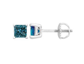 PARIKHS Blue Princess cut AAA Quality Diamond Screw back Stud in 14k White Gold 0.18ct
