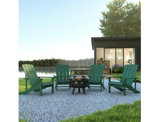 Star and Moon Fire Pit with Mesh Cover & 4 Green Poly Resin Adirondack Chairs