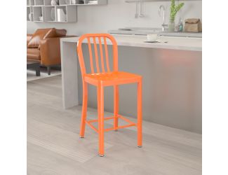 24" High Orange Metal Indoor-Outdoor Counter Height Stool w/ Vertical Slat Back