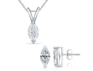 Bright White Pristine Marquise Lab Grown Diamond Pendant-Stud Set in 14K White Gold 1.20ct, GH, VS