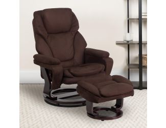 Brown Microfiber Multi-Position Recliner and Ottoman with Mahogany Wood Base