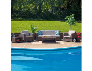 5 Piece Outdoor Faux Rattan Chair, Sofa and Table Set in Chocolate Brown