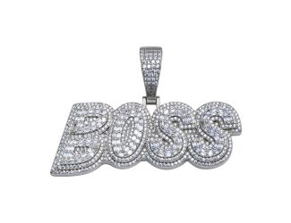 PARIKHS Men's Rhodium Plated CZ BOSS Hip Hop Pendant with chain in 925 Sterling Silver