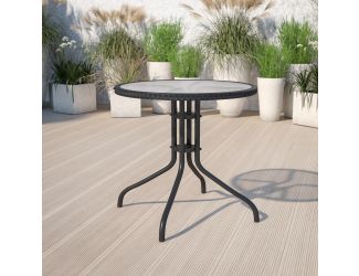 28" Round Tempered Glass Metal Table with Black Rattan Edging