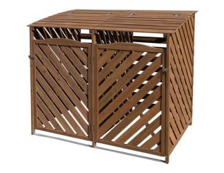 Wooden Trash and Recyclables Bin Storage Shed with Dual Front Doors and Hinged Top Lids in Brown