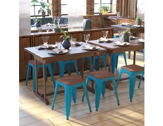 Set of 4 Teal 18" Table Height Indoor Stackable Metal Stool with Wood Seat