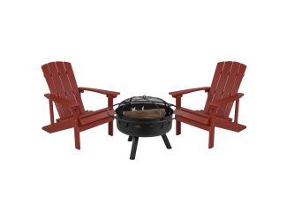 3pc Charlestown Adirondack Chair & Fire Pit Set: Red