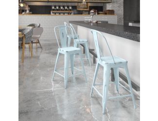24" High Distressed Green-Blue Metal Indoor-Outdoor Counter Height Stool w/Back