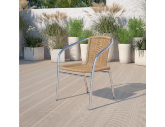 Commercial Aluminum and Beige Rattan Indoor-Outdoor Restaurant Stack Chair