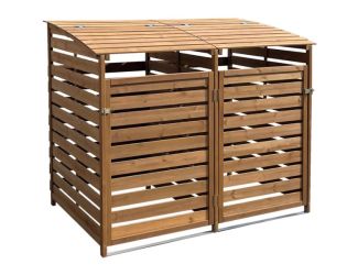 Wooden Trash and Recyclables Bin Storage Shed with Dual Front Doors and Hinged Top Lids in Brown