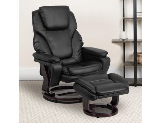 Black LeatherSoft Multi-Position Recliner & Ottoman w/ Swivel Mahogany Wood Base