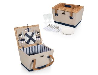 Boardwalk Picnic Basket for 2 Beige Canvas w/ Navy Blue Accents