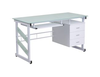 White Computer Desk with Frosted Glass Top and Three Drawer Pedestal