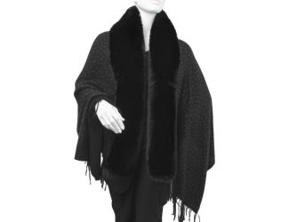 Shawl w/ Fringe and Faux Mink Collar