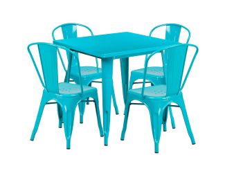 31.5" Square Crystal Teal-Blue Metal Indoor-Outdoor Table Set w/ 4 Stack Chairs